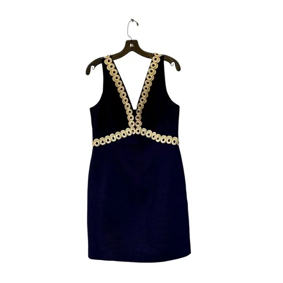 Lilly Pulitzer Size 8 Esme True Navy Blue Gold Lace Detail Shift Dress  Medium EC Dresses
